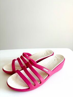Crocs Rhonda Hot Pink Barbiecore Strappy Wedge Sandals 10